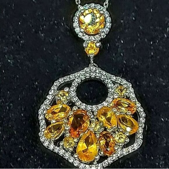 Natural Citrine & Cz 14K White‎ Gold on 925 Sterling Silver Necklace - Picture 3 of 5